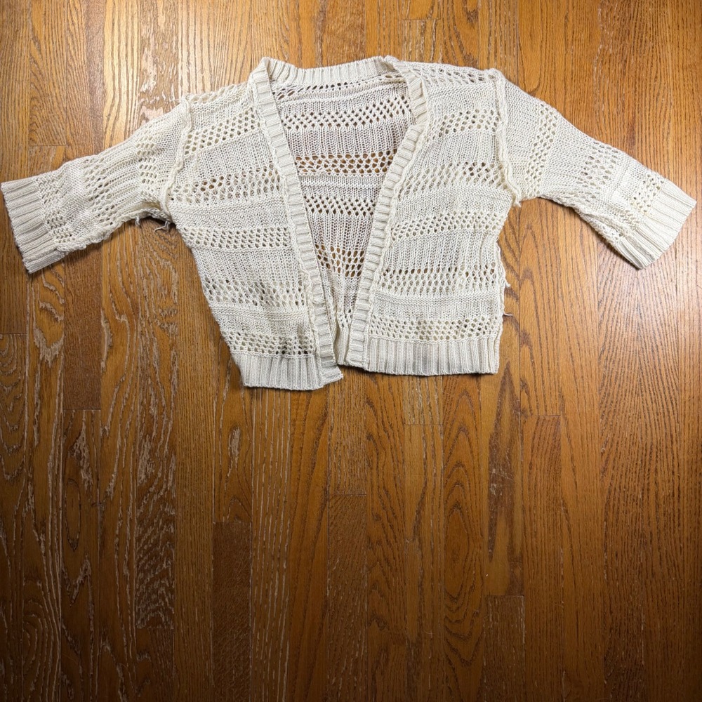 Coquette Cream Open Knit Cropped Cardigan Small Short Sleeve Boho Shrug Teacher